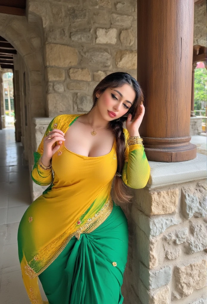 The scene captures a Pakistani Muslim woman in traditional attire, leaning back against a stone wall with a wooden pillar nearby, creating the impression of a serene outdoor courtyard. Her fair skin and curvaceous figure, particularly her full bust, are elegantly framed by a deep yellow blouse with a modest neckline, paired with a green saree that wraps gracefully around her. The saree’s pallu is richly embroidered, adorned with floral patterns and bordered with a yellow trim and gold accents, draping over her right shoulder in a traditional style. She wears intricate gold jewelry, including a delicate nose ring, several bangles, and an elegant necklace, exuding a subtle yet striking beauty. Her dark brown hair is styled in a single, loose braid that rests over her shoulder. Her eyes are softly closed, her lips adorned with vibrant red lipstick, and her expression is one of quiet reflection and grace, with her left hand gently resting on her forehead. The setting reflects rural Pakistani charm, with stone walls and wooden architecture in the background. The vivid colors of her attire in greens, yellows, and reds add to the cultural depth and serene ambiance of this tranquil, timeless scene.