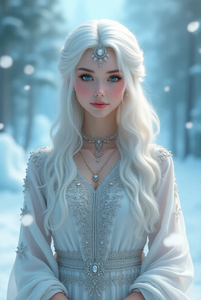 Beautiful cute gorgeous girl white colour haired blue eyes perfect body ice in india dress from front full body