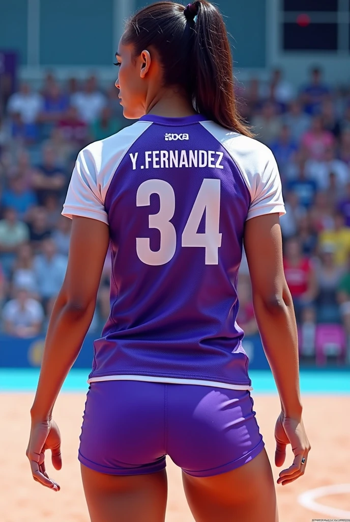 CREATE A PURPLE AND WHITE AND BLUE VOLLEYBALL JERSEY FOR ME PLACE THE NUMBER 34 THE NAME Y.FERNANDEZ AND A PLACE TO PUT THE IG SHOW ME THE FRONT AND BACK FOR WOMEN