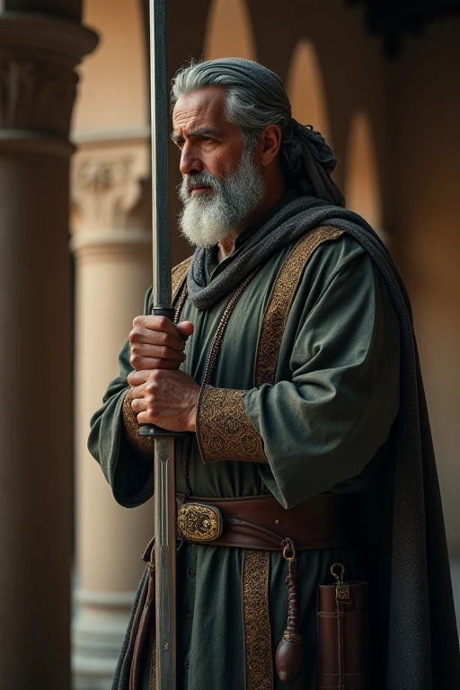 Devoted warrior shown in deep thought, holding his sword close, symbolizing dedication to Islam, UHD, cinematic tones."
