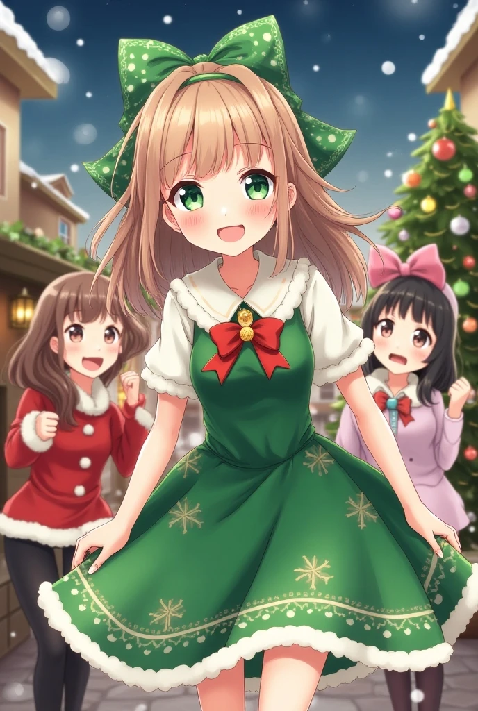 Anime girl with light brown hair and light green eyes wearing a green Christmas dress with lights at Christmas with her envious friends