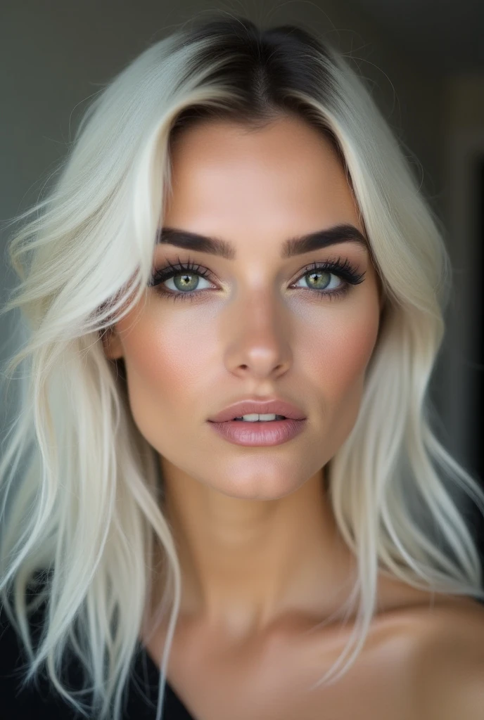 Give me grey-green eyes of a German Spanish woman. Medium black eyelashes , soft makeup, profiled eyebrows populated black . white light skin. Shiny white hair . twenty-four years.