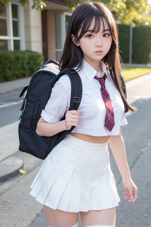 1 Girl, school girl, high school uniform, extremely detailed CG unity 8k wallpaper, best quality, ultra-detailed, masterpiece, realistic, photo realistic, extremely detailed 1 cute girl, 20years old, (((skirt lift by myself))), (lifted by self),  panties , panties focus, blush, parted lips, looking at viewer, half body shot, (crowd), (crowded city) , messy long hair ,