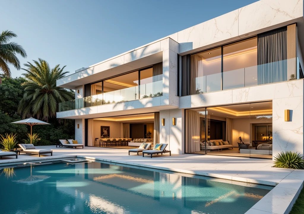  Contemporary mansion with white marble façade and golden metallic details .  Double-height windows that stand out for their symmetrical design , with hidden motorized blinds .  Large interior spaces with ceilings over 4 meters high ,  polished marble floors and walls decorated with backlit onyx panels .  Heated infinity pool with glass edge ,  located next to a private spa area with sauna and jacuzzi .  Includes a home theater with immersive technology ,  a luxury garage for displaying sports cars and a bar with glass and steel details.  Lighting system with Swarovski chandeliers and indirect lights customizable 