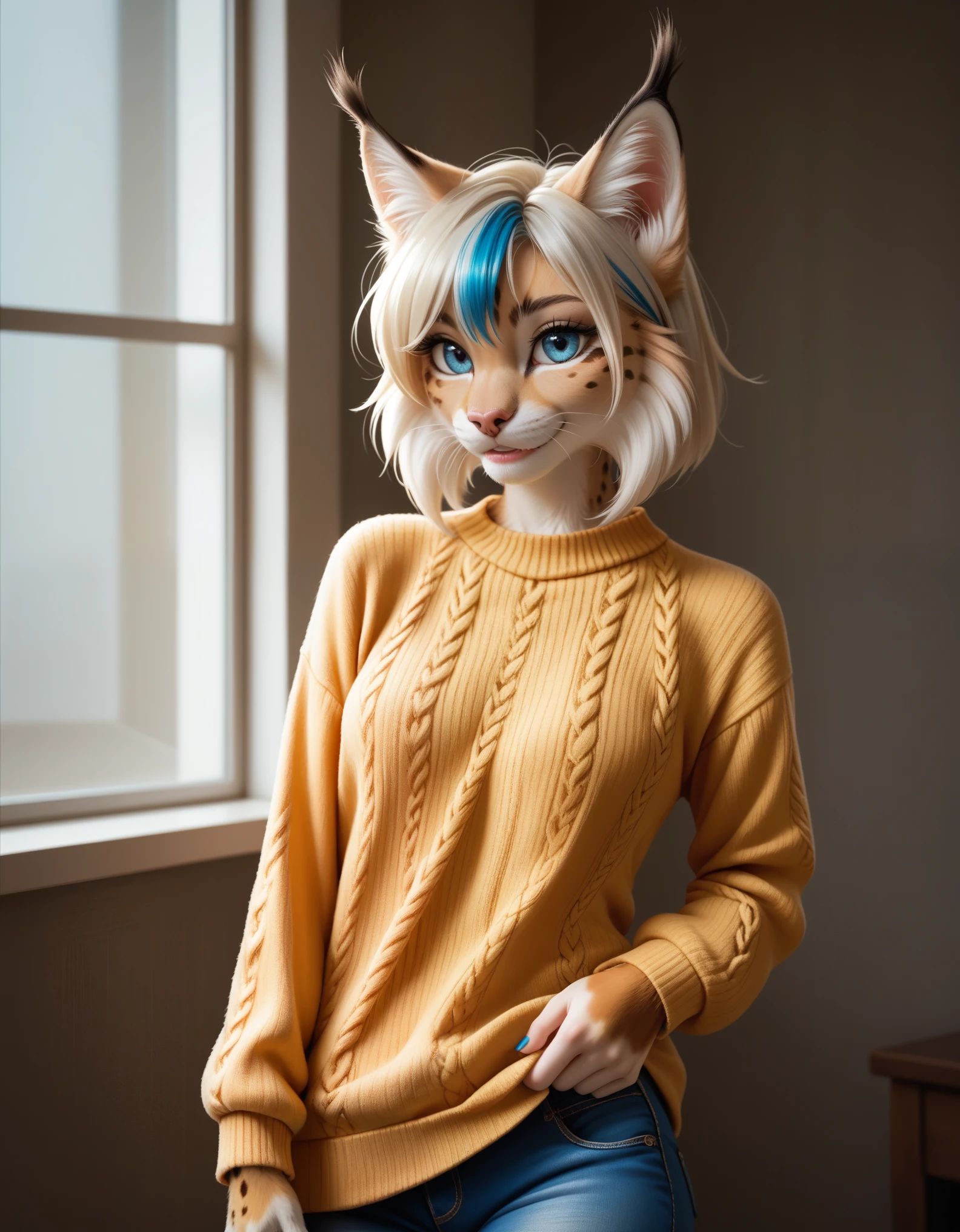 score_9,score_8_up,score_7_up,source_anime, 1girl, solo, digital_media_(artwork) hi_res,, beautiful, anthro, furry, female, furry female, detailed textured fur, fur tufts, lynx, slim, slender, small breasts, cute, sweater, denim jeans, multicolor hair, streaked hair, red blue blonde silver hair, blonde fur, beautiful blue eyes, smile, solo, 