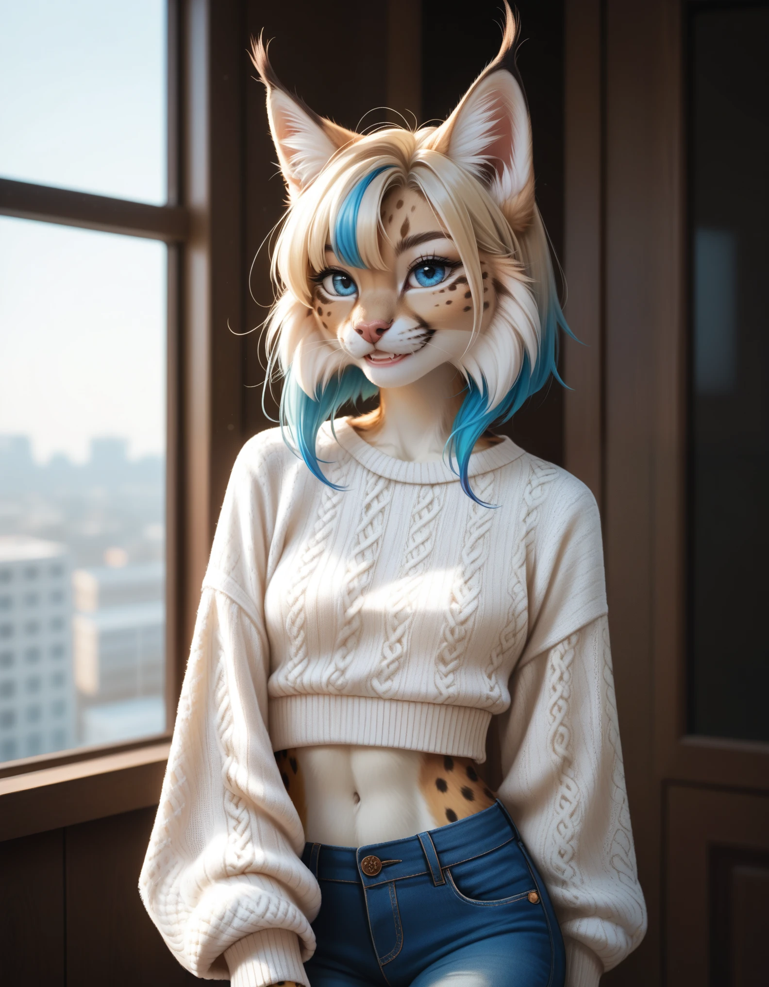 score_9,score_8_up,score_7_up,source_anime, 1girl, solo, digital_media_(artwork) hi_res,, beautiful, anthro, furry, female, furry female, detailed textured fur, fur tufts, lynx, slim, slender, small breasts, cute, sweater, denim jeans, multicolor hair, streaked hair, red blue blonde silver hair, blonde fur, beautiful blue eyes, smile, solo, 