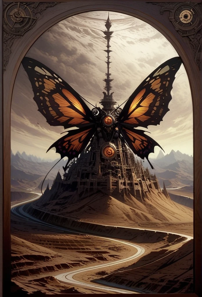  Imagine a fantastical world where nature and machines coexist .  A giant butterfly with mesmerizing human-like eyes and mechanical gears on its wings flies over a hilly landscape.  The view is of majestic mountains under a clear sky . A blend of surrealism and steampunk elements to bring this vision to life ."