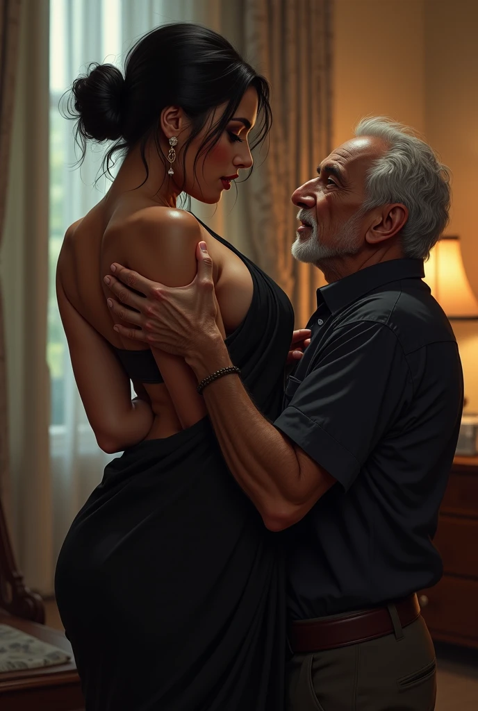 old man hugging sensual young woman in living room