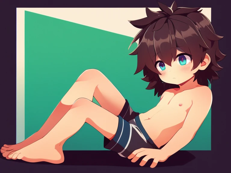 Colorful background, beautiful, very high quality, cute shota boy, thick hair, detailed body, shirtless, sad shorts 