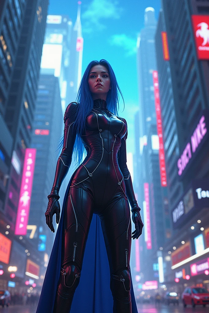 Beautiful biracial latina woman, long light blue hair, light blue eyes, large breast, homelander cosplay suit, on a top of building city, Résolution Haute, De Haut En Bas, Vues Multiples, De Haut En Bas, Grand angle,