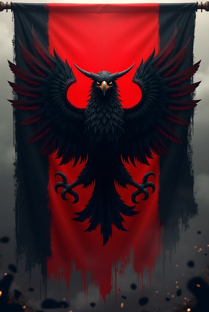 A combination flag of black and red with a symbol of an angry eagle in it.