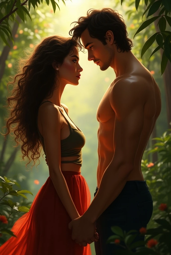 A Brazilian brunette woman with curly brown hair , holding the hand of a tall Italian man with straight and brown hair with a scar on the left side of her face