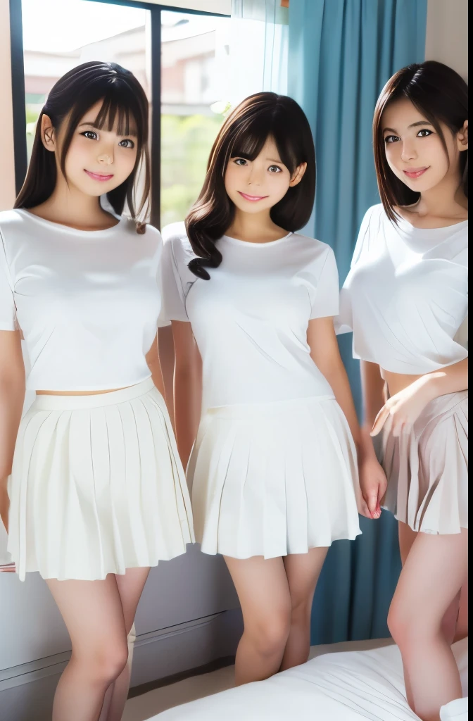 3 girls standing in cherry blossom park,pale-pink school swimsuit with white trim,18-year-old,bangs,a little smile,thighs,knees,straight hair with barrette,from below,front-lighting