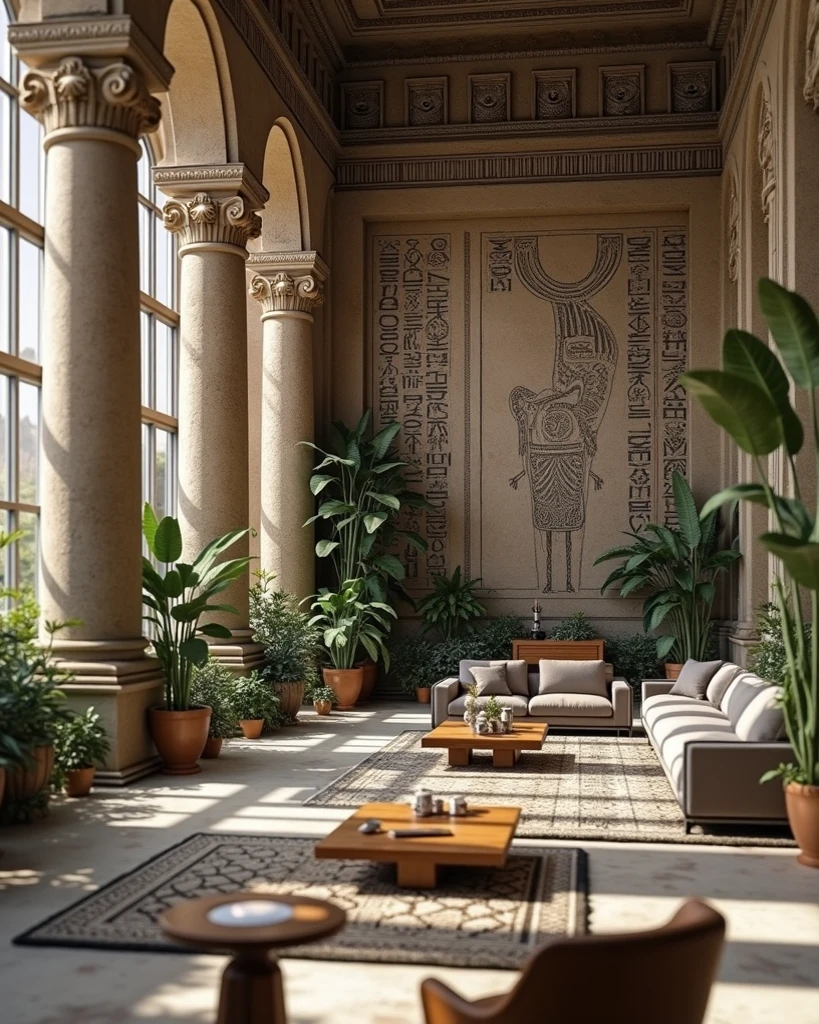 big living room with a lof of natural light, wall covered with black hieroglyphics, rock carved architecture, jonic columns, plants all over, nilo view from giant windows