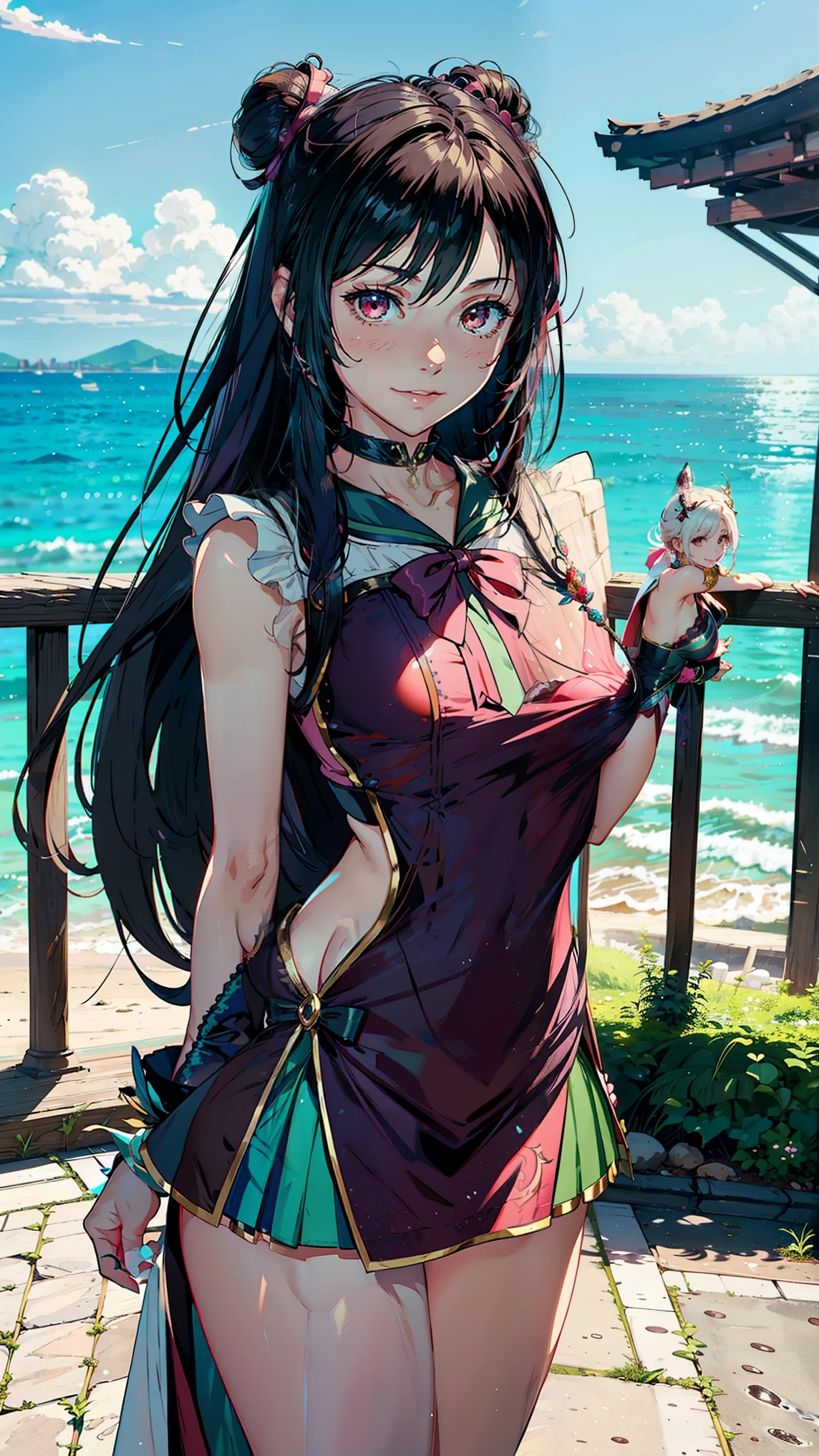 anime girl in pink red dress posing in front of a garden, extremely detailed artgerm, beautiful alluring anime woman, anime goddess, seductive anime girl, beautiful anime woman, cute anime waifu in a nice dress, lady palutena, palutena, japanese goddess, ((a beautiful fantasy model)), beautiful anime girl, by Yang J, detailed digital anime art, small breasts,  sailor moon hair style buns,  smiling, happy, near beach