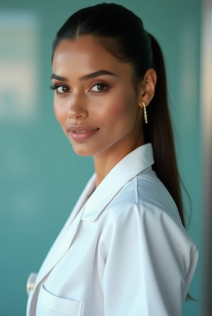A stunning Indian nurse with a sleek ponytail and flawless makeup, dressed in a chic white nurse's outfit. Her look is complemented by subtle gold accessories, making her appearance both professional and alluring. Glow on face, Perfect facial features, beautiful face, looking at the camera, extremely detailed photo with Realistic background and cinematic lighting.
