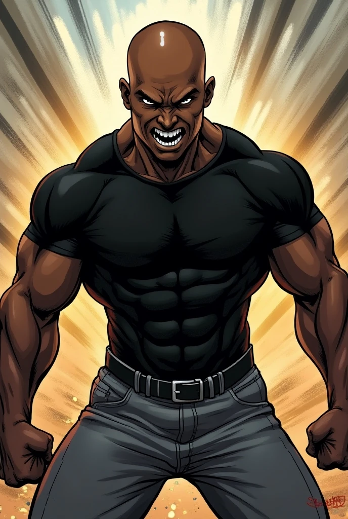 black man, Shaved hair on 2 , very athletic body, expression of anger, Young, tight black shirt, Wide gray pants, comic book style