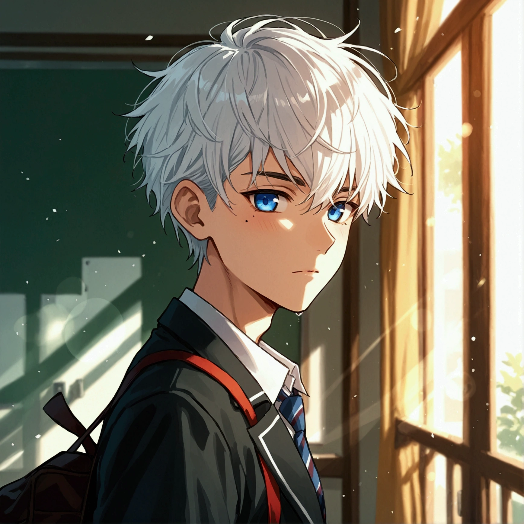 Anime. Handsome guy, short white hair, with a mole under his right eye, wearing a school uniform