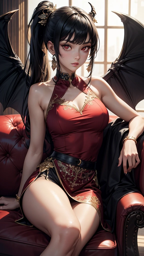 A woman in a red coat sitting on a chair with a dragon, popular on ArtStation Pixiv, detailed anime artwork, detailed digital anime art, complex gorgeous anime CGI style, guvez on pixiv art station, guvez on pixiv, anime fantasy illustration, detailed anime art, clean detailed anime art, detailed key anime art, red lip micro-open, nude