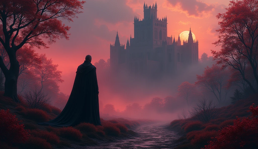 Photo Digital painting a garden hidden deep in the shadows with a Gothic style and a dark and temperamental atmosphere. There is Above , lonely, a castle rises ,
With gray towers , in the veil of vague mists ,
The King observes , his icy eyes ,
A dark riddle between his wounds. Both figures are in black , contrasting with a fiery red and orange background and a dark purple color. The general color palette is dominated by deep reds , oranges, purple and black , creating a dramatic and intense scene.