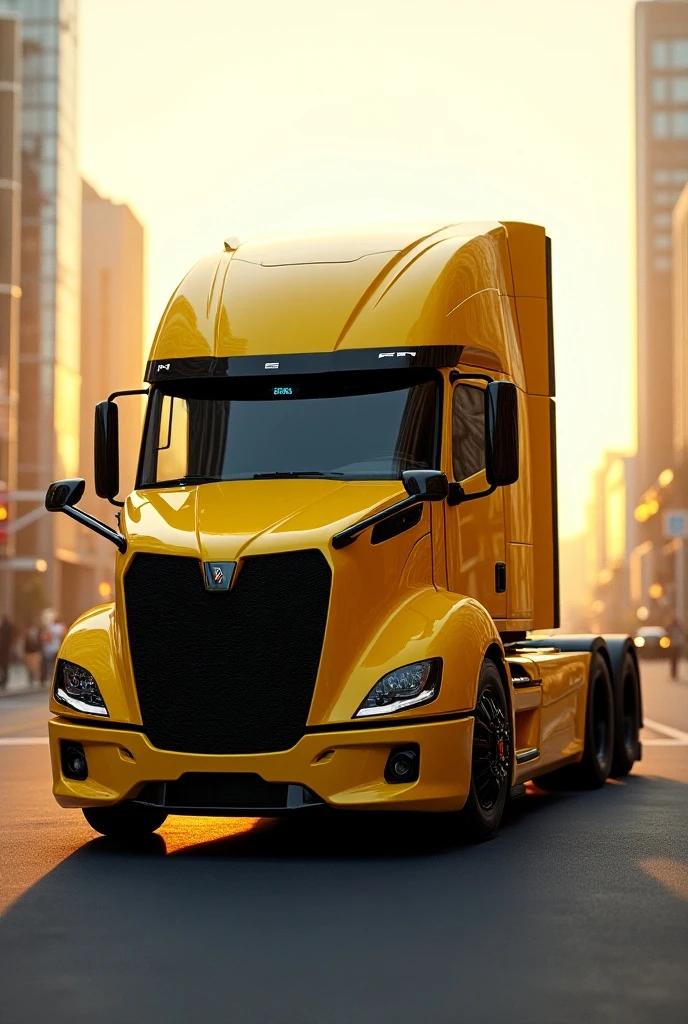 Take a very realistic photo of the FNM Alfa 2027 yellow truck
