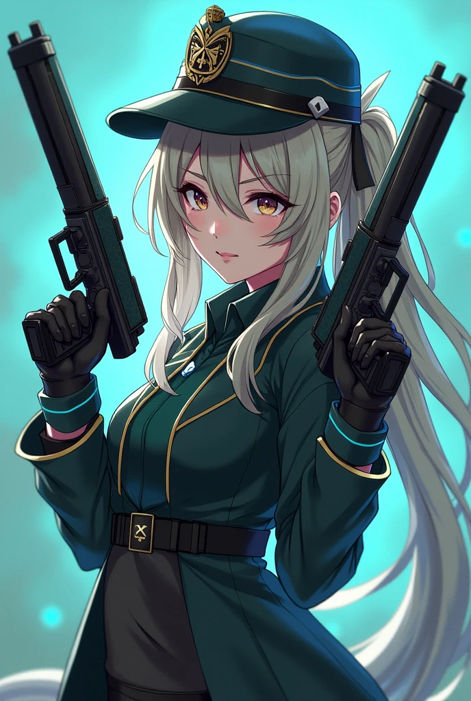 Highest quality、Ultra HD、One Woman、(Silver long hair 1.3)、(Green blazer 1.3)、(White tight mini skirt 1.3)、(Black tie)、(Black loafers 1.1)、((Shooting a gun 1.2))、(Large Breasts)、(Thighs)、(Black knee-highs 1.2)、(Beautiful face with sharp eyes 1.2)、40-year-old woman、Slender body、(Evening school background 1.2)、((Clear and beautiful touch))