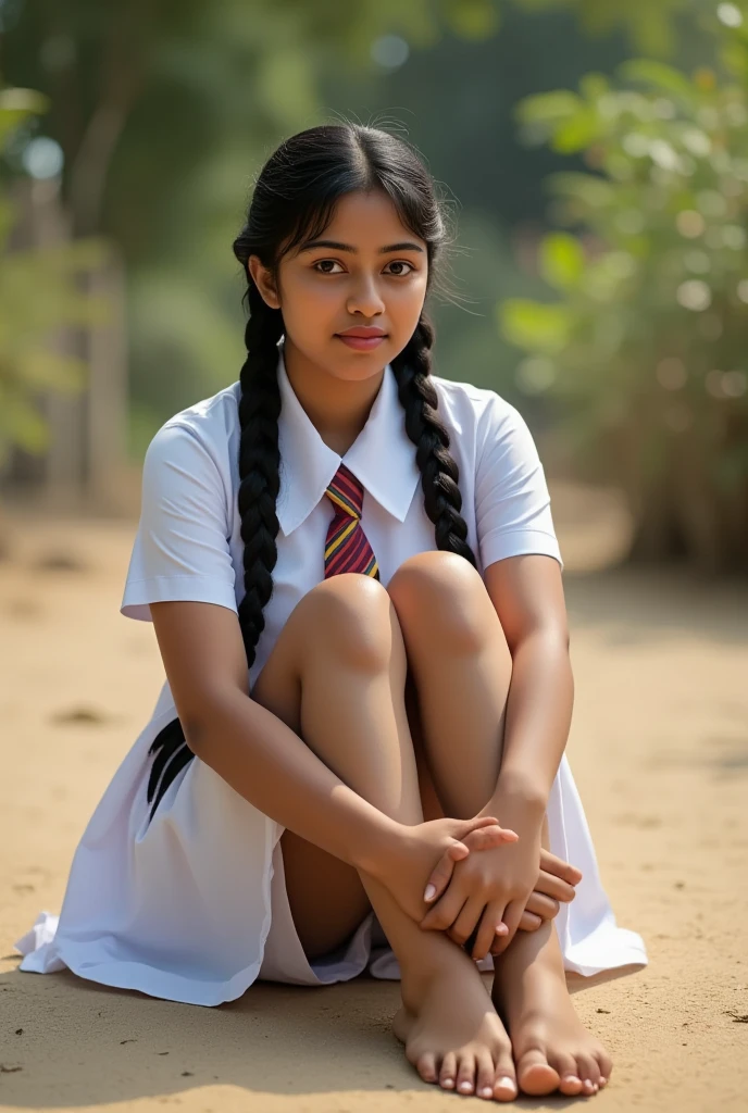 beautiful cute Sri Lankan school girl, in barefoot, Large breast size , 20 years old, wearing a white frock and a colored tie. She has plaits, black braided long hair, barefoot, correct anatomy of feet and other body parts, sweaty soles focus, sitting on the floor by hugging knees pose, cinematic, hyper realistic, 4K