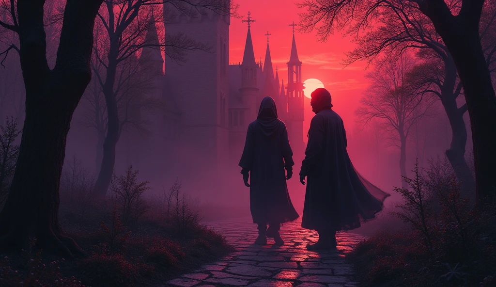 Photo Digital painting a garden hidden deep in the shadows with a Gothic style and a dark and temperamental atmosphere. There Are In The Cold Throne , he sinks ,
Dark thoughts every second,
In the Secrets of the Castle , He probes ,
Secrets that hide in the background . Both figures are in black , contrasting with a fiery red and orange background and a dark purple color. The general color palette is dominated by deep reds , oranges, purple and black , creating a dramatic and intense scene.