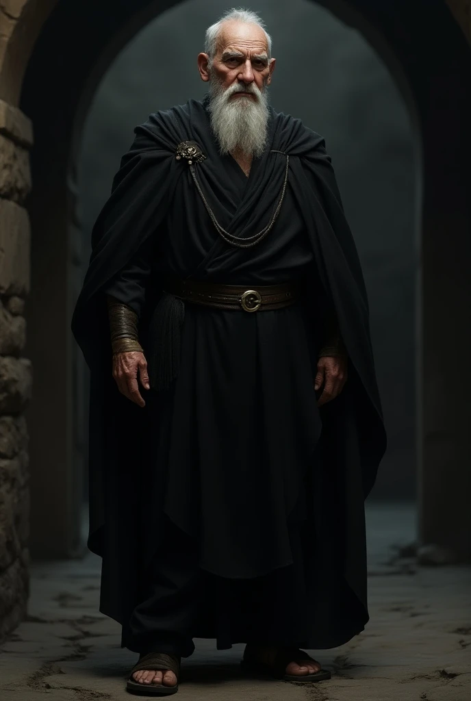 Velho de barba, with a stormy sky in the background. Visionary man, philosopher, sage or prophet.  Talking to the crowd. panoramic image: tunic and veil over the head, cinematographic effect. Criado com a tecnologia Generative AI.