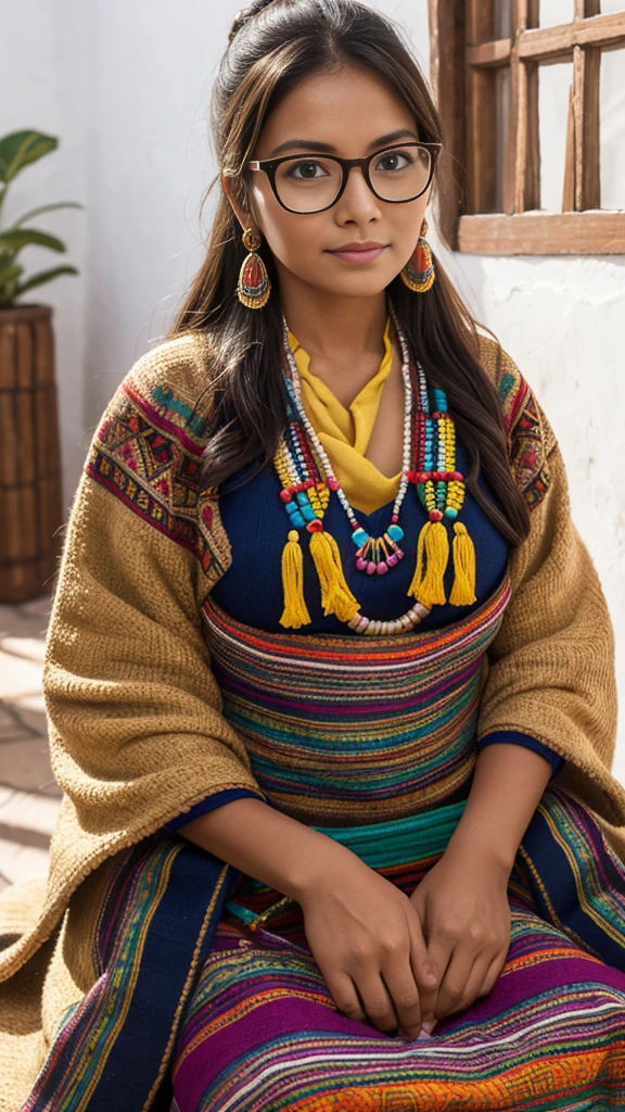 " A scene professional that presents a Peruvian woman from Puno dressed in traditional Andean clothing, that includes vibrant textiles and accessories characteristic of her culture . The woman is seated in an optician , with classic glasses , while an optometrist in a white gown carefully places a photoptometrist carefully places a photoptometrist tero ( vision test device ) in front of your eyes . The environment is clean and modern , with subtle cultural accents such as colorful textiles fabrics in the background , creating a connection with the identity of Puno . The image is polished and professional , ideal for promoting free eye exams in an optical campaign ".