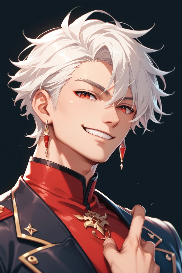  , Anime, Red eyes, Short hair, earring, , thin smile,  simple background, White hair, Handsome face