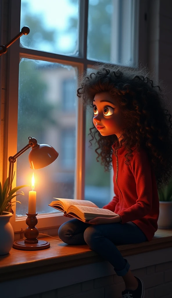 Prompt 2: "Lara is a , long hair, curly and glowing eyes , from his window there was a privileged view of the busy street, I saw the postman delivering letters , watching everything carefully with his book in his lap , seeing magic in the daily actions of the neighborhood ." disney pixar 3D style