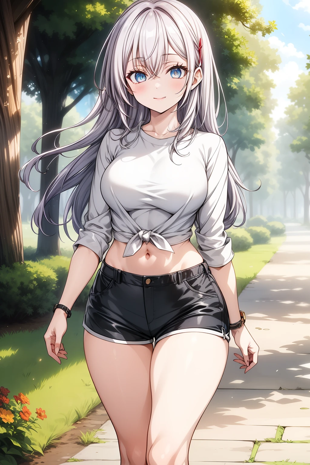 (Masterpiece), (best quality), (solo:1.7), (full body), (facing the viewer), Alisa Kujou, an anime girl with (22 years old:1.1), (beautiful character design:1.4), walking through a landscape at sunset. Alisa has long white hair that flows elegantly, her blue eyes shining brightly reflecting the warm tones of the setting sun.

She is wearing a (red low-cut shirt:1.3) that highlights her figure, showing off her (narrow waist:1.3) and (toned legs:1.4) thanks to the (short shorts:1.4) that perfectly match her casual style. Her (slender thighs:1.2) and (shapely hips:1.3) are subtly highlighted by the clothing, but in a natural way.

Alisa walks through a serene park, with a relaxed smile on her face. The afternoon sun bathes her in a soft, golden light, creating a beautiful contrast with her fair skin and white hair. The setting is peaceful, with trees and flowers blending into the background as she moves forward, looking straight ahead.

The warm, soft lighting highlights the details of her outfit and face, while the background has a (soft bokeh effect:1.2) to focus all the attention on her. The setting has a fresh, yet welcoming feel, and the scene is filled with subtle movement, as if the afternoon breeze caresses her hair and clothes. 