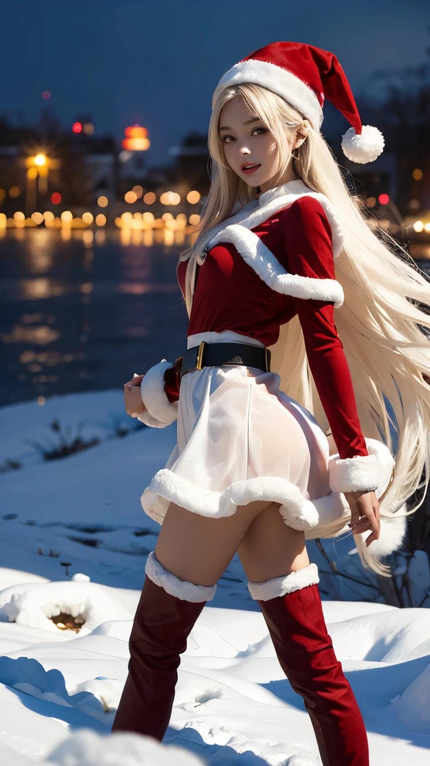(Meisterwerk), (best quality), (Detailliert), Helle Schicht, 1solo girl, Kizi, Perfect Body, blondes Haar, definierter Brustkorb, defined collarbone, ultra realistisch, fotorealistisch, Detailliert, ,verbessern, wearing a Santa suit with thigh-high red boots and a Santa hat, outside, Schwarz der Nacht, Schneeflocken-Muster, Back view, look over shoulder