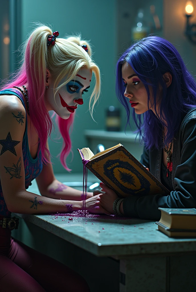 Harley Quinn dyeing her hair and Raven reading a book