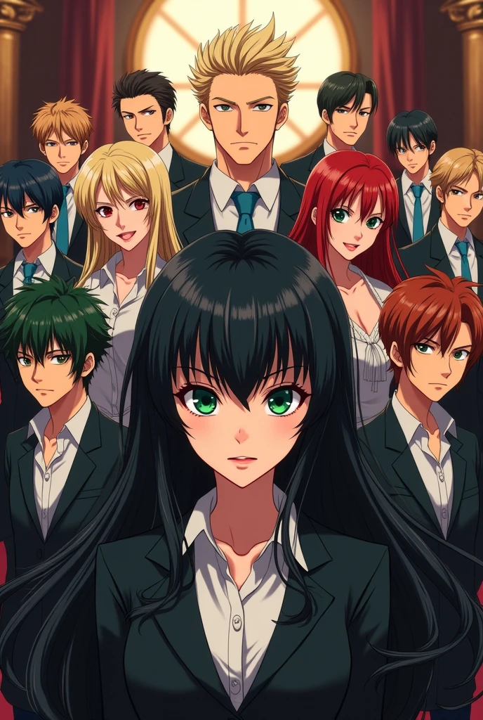 Create an image with a green-eyed woman with bangs and long black hair, a blond man with blue eyes , a redhead with green eyes , And eight other men , all billionaires , anime