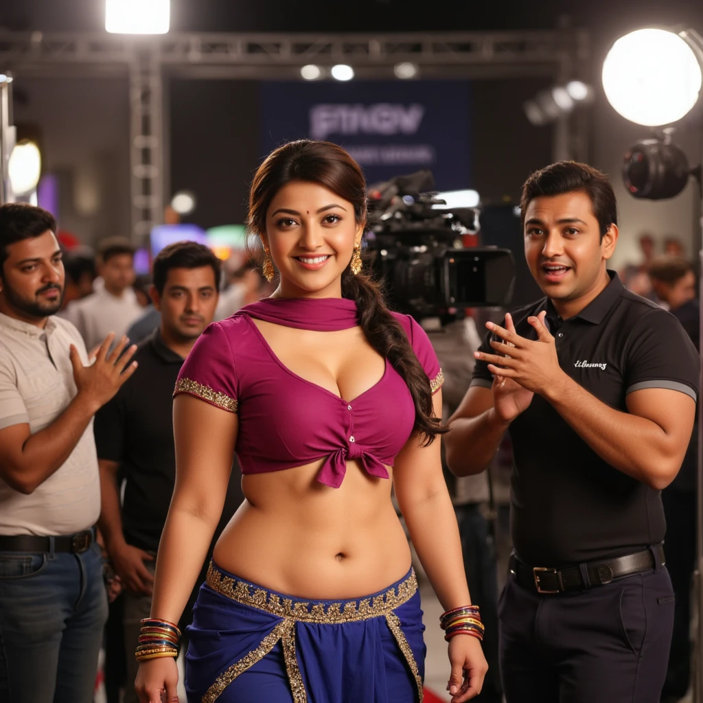 On a bustling film set, an Indian girl stands confidently as the center of attention, with long hair styled in an elegant updo and a radiant smile directed at the camera. She wears a traditional magenta blouse with short sleeves and a knotted front, paired with a matching blue draped bottom piece featuring an embellished waistband. Her midriff and navel are visible, emphasizing her toned waist and curvy figure. She wears traditional Indian jewelry, including gold dangling earrings and colorful bangles, with expressive eyes and a small bindi on her forehead. A camera crew is gathered around, focusing the camera on her as she stands under bright stage lights. The director, standing nearby, is enthusiastically explaining the shot, gesturing to the crew and the girl. Behind her, the set is bustling with film equipment, lighting rigs, and crew members preparing the scene. The environment is lively, capturing the vibrant atmosphere of a film production