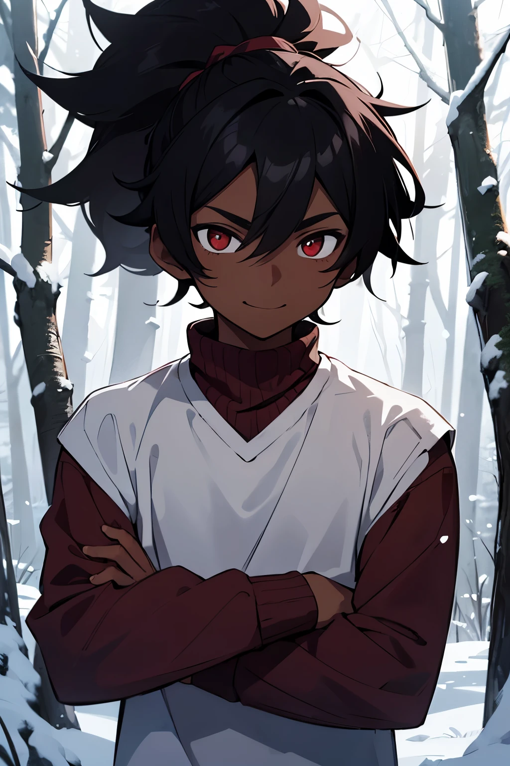 best quality , A young teenage man, , with dark skin, with dark red eyes , WITH BLACK HAIR , messy hair , ponytail , wearing a long sleeve white shirt , with arms crossed while standing with his head held high with a serious smile with his mouth shut, scenery of a snowy forest at night , Close up image.