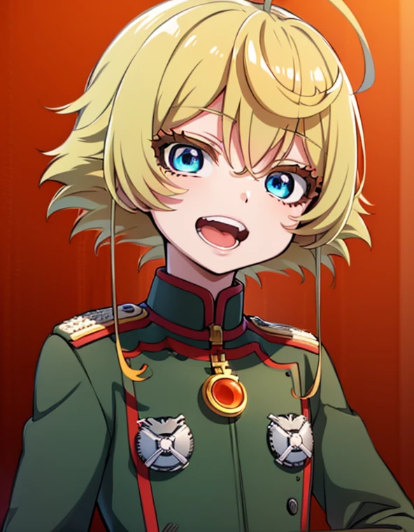 a young female anime character with orange hair and uniform looking to her left, tanya degurechaff, 1girl, solo, blue eyes, blonde hair, ahoge, looking at viewer, white background, open mouth, military uniform, uniform, military, smile, simple background, hair between eyes