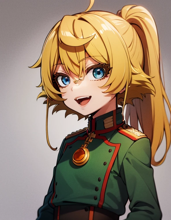 a young female anime character with orange hair and uniform looking to her left, tanya degurechaff, 1girl, solo, blue eyes, blonde hair, ahoge, looking at viewer, white background, open mouth, military uniform, uniform, military, smile, simple background, hair between eyes