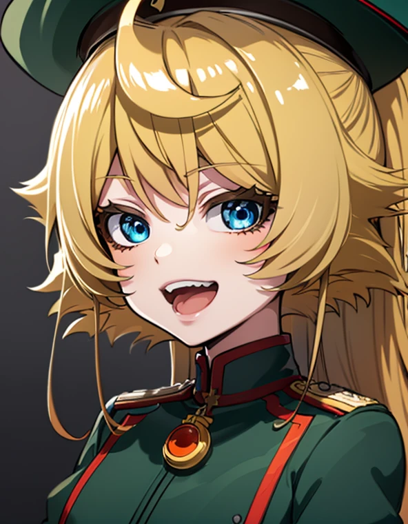 a young female anime character with orange hair and uniform looking to her left, tanya degurechaff, 1girl, solo, blue eyes, blonde hair, ahoge, looking at viewer, white background, open mouth, military uniform, uniform, military, smile, simple background, hair between eyes