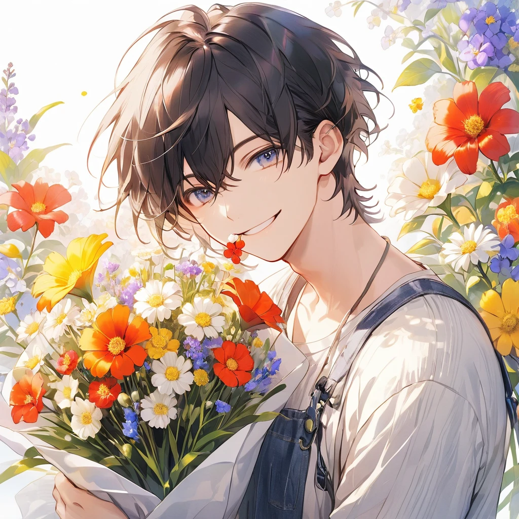 male, man, Very short hair, flower in mouth, casual clothes, Charming and cute, looking at the viewer, front, colorful, Long hair, lots of flowers, Captivating smile,