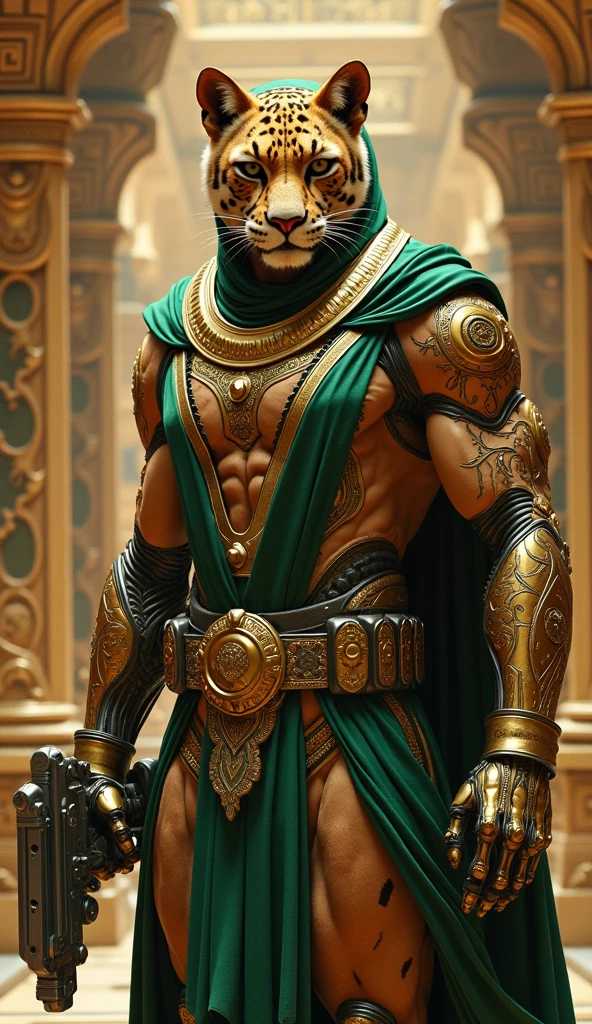 Imagine an anthropomorphic jaguar futuristic warrior , that mixes priest elements and advanced technology. His left half is cybernetic , with a golden armor that covers his arm and part of his torso , while the right half has a muscular arm with some scars. He wears a ceremonial costume with a symbol on his , in a green and gold color . He holds an advanced weapon in one hand and is in a luxurious and ancient environment, with gold details and detailed architecture in the background , which refers to a pyramid . The character's expression is serious and determined , combining the mystical with the technological .
