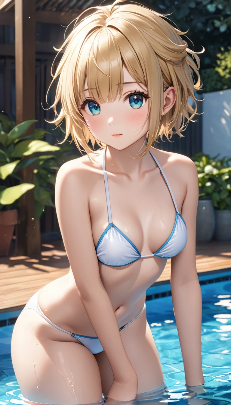 fullnude、Girls at the fountain in the park, cute bow, pubic hair, shy small smile,  (FLATCHESTED:1.3)、flat chest, superflat chest, (one embarrassed girl naked), white lace bra size 0, zero breast size, Blonde hair with short twin tails, Shiny hair, Delicate beautiful face, Blue eyes, White skin, Beautiful cloud, Dusk sky,