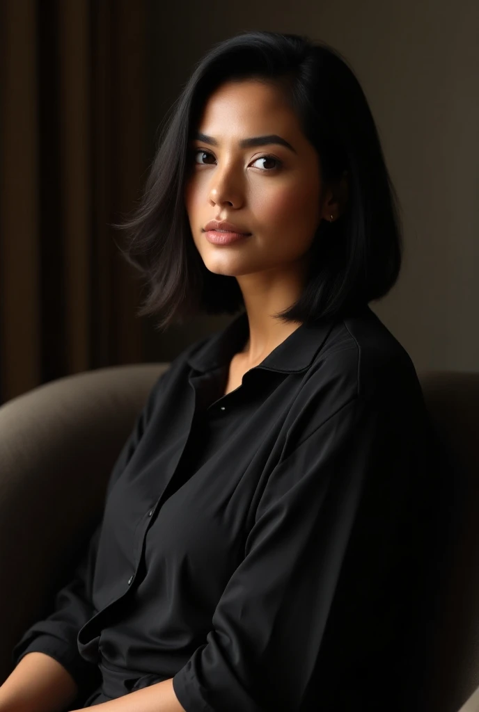 Realistic portrait of a 33-year-old Brazilian woman, beautiful, young and empathetic appearance, with straight hair in a medium black rounded cut, hair a little disheveled naturally, detailed black eyes, nose, and lips, wearing a modern but professional ribbed blouse, sitting in an armchair in a studio setup (best quality,4K,,high resolution,artwork:1.2),Ultra-detailed,(realistic,photorealistic,photo realistic:1.37),HDR,studio lighting,extremely detailed face and body , Portrait, cinematic lighting, dramatic lighting, warm color tones, dramatic colors
