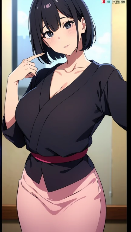 masterpiece, absurdres, hinata\(boruto\), 1girl, solo,mature female, short dress, perfect composition, detailed lips, gigantic breast, beautiful face, body propotion, short hair,  purple eyes,  soft gaze,  super realistic, detailed, photoshoot, realistic face and body,  (short kimono:1.1), cleavage, (gigantic breasts: 1.4), curvy, cowboy shot, bare shoulders, seductive smile, indoor, palace