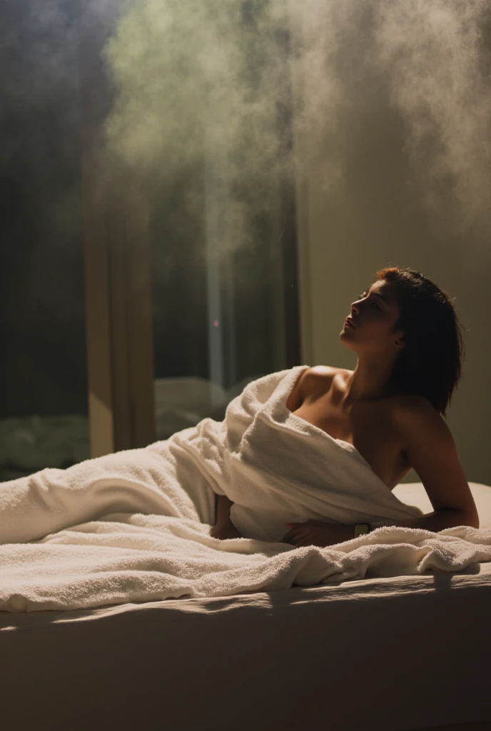 Mature Malay woman in hijab, sleeping in bed portrait photography, Lying naked in bed, Photo prise de vue moyenne, Ultra Detail, Professional Photography with Professional Lighting, Sexy Seductive Sleep Pose, mince, voluptuous and saggy breasts, soft perfect body women, spreading legs, nude all body, horny face, cumming face