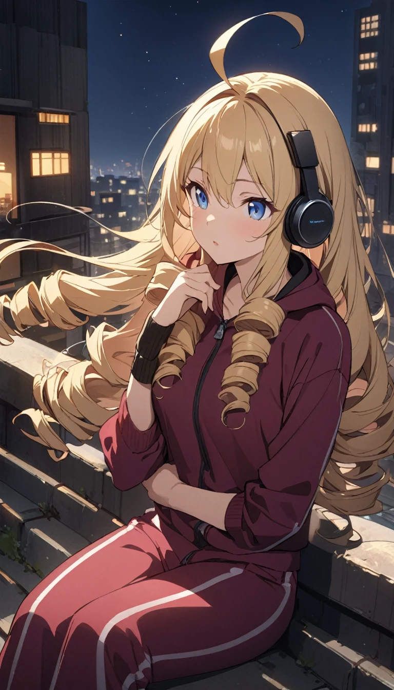 woman、blonde、Long Hair、Drill Hair、Ahoge、 blue eyes、slant eyes, narrow eyes、 Maroon Sportswear 、 Maroon Sportswear の、 black headphones 、sit、Meteors Flowing 、 Night Building Rooftop Background 、 upper body、anime、Illustration、 best quality、 masterpiece、詳細な描写、 Alice in Wonderland, Best Hand