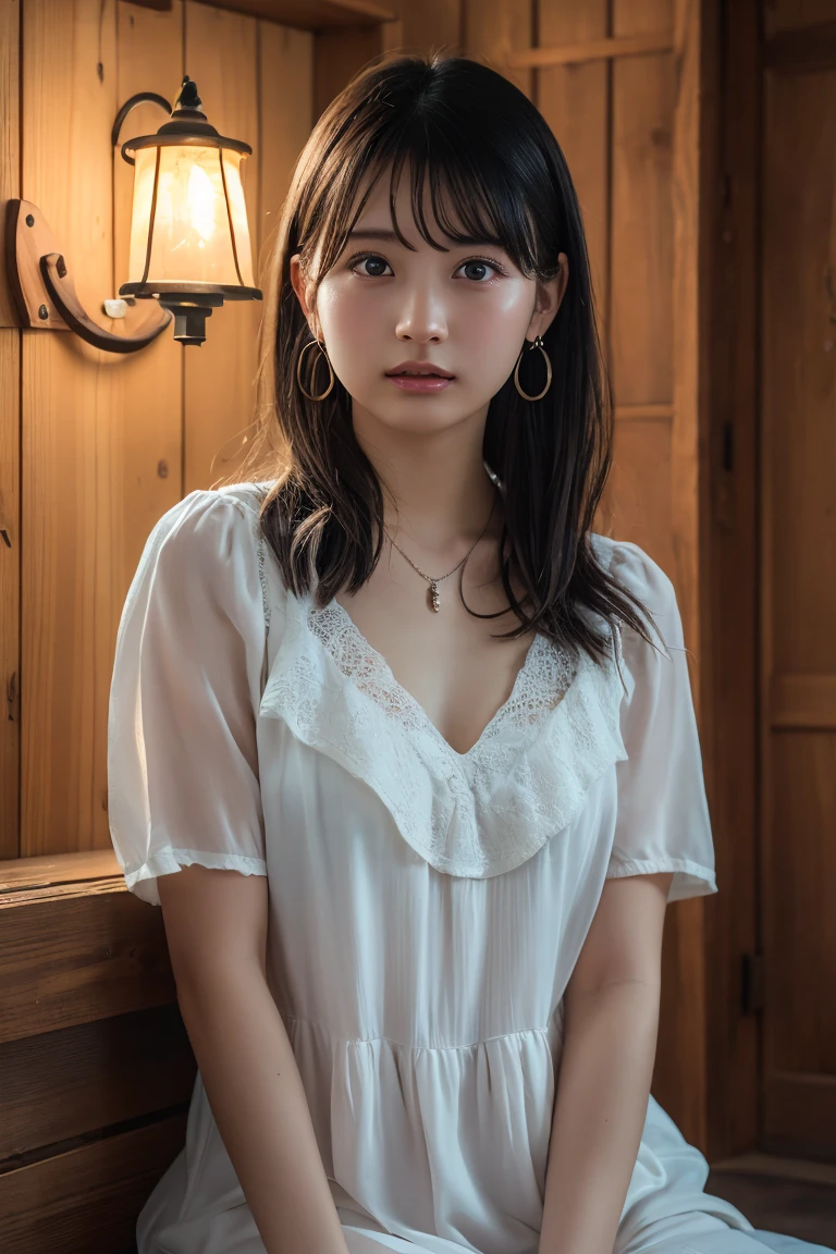 ( best quality:1.4),(masterpiece:1.4),(Realistic:1.4),(Realistic:1.2),(超 high definition , RAW Photos:1.4),( high definition , Ultra-detailed:1.2),(8k:1.2), viewers, Cinematic Picture ,1 woman, is skeletal correct, women with dark hair ,Woman in her early 20s,(Small earrings, Necklaces ,Key neck dress ),(Western-style building interior, dim room sitting in a wooden box, The light of the lamp illuminates the cheeks, standing)