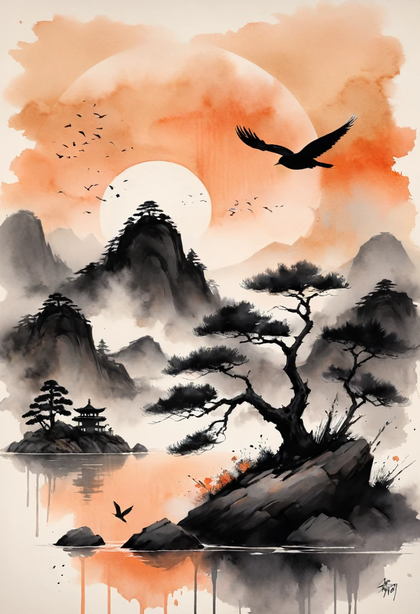 Create an 8K ink art masterpiece titled "The Solitary Flight" in the inkpunk genre. The scene features a solitary bonsai tree standing on a rock, distinctly separate from East Asian-inspired architecture in the background. The sun should be a soft, muted circle, appropriately sized without spots, casting a warm glow over the scene. Include a single ink-black silhouette of a bird soaring in the sky. The color palette should be muted, emphasizing soft oranges and deep blacks, creating a sense of history and tranquility. Ensure there are no elements of pagodas on the tree or trees growing from pagodas, and avoid chaotic or overly detailed features.